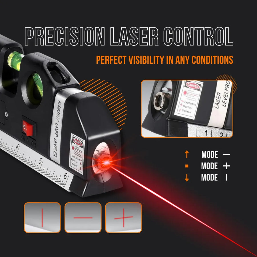 Black laser level tool with ruler, bubble vials, and bright red laser for precision leveling