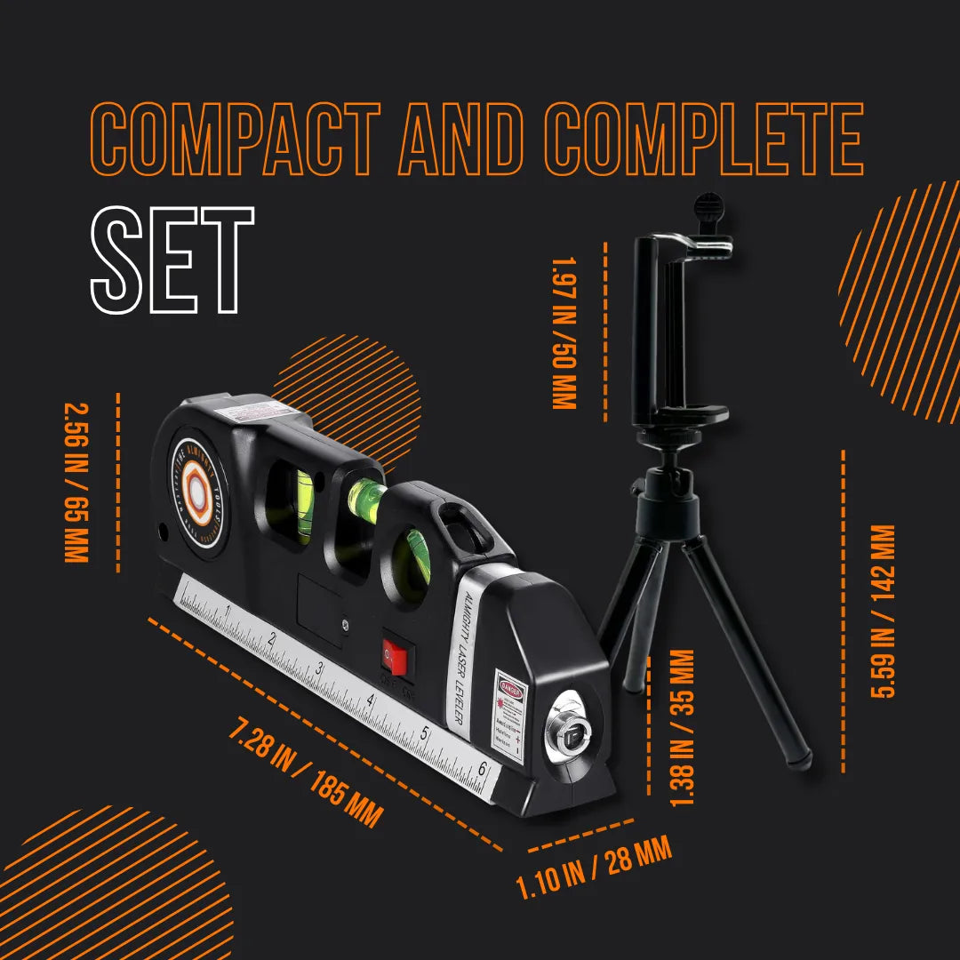 Compact laser level and tripod set with dimensions, black background, measurement tools