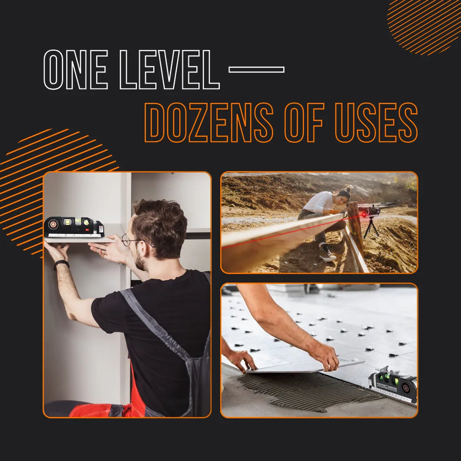 Multipurpose laser level tool used for shelving, construction, and tile installation projects.