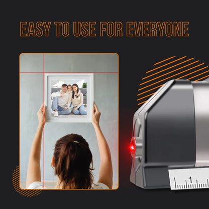 Woman using laser level to hang picture frame, accurate alignment tool, easy to use