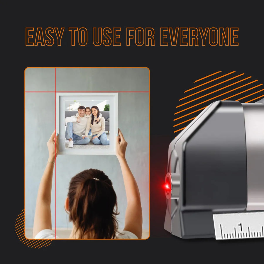 Woman using laser level to hang picture frame, accurate alignment tool, easy to use