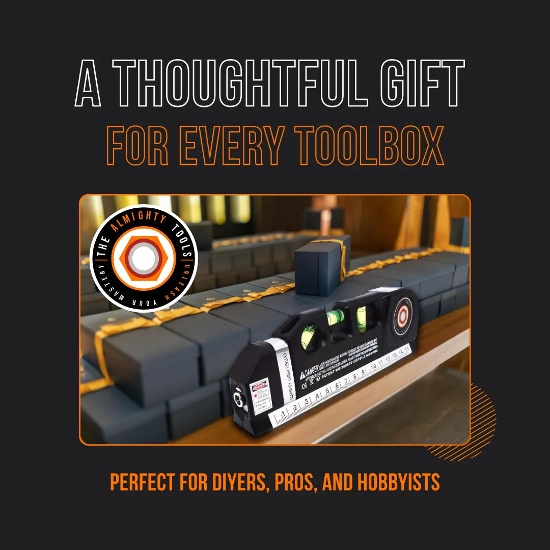 Almighty Leveler tool on a workbench, surrounded by gift boxes, ideal toolbox gift for DIYers