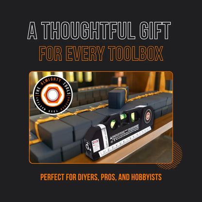 Almighty Leveler tool on a workbench, surrounded by gift boxes, ideal toolbox gift for DIYers