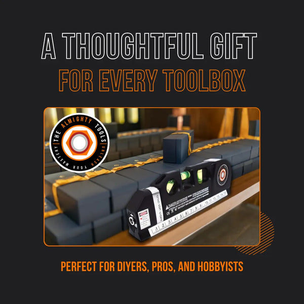 Almighty Leveler tool on a workbench, surrounded by gift boxes, ideal toolbox gift for DIYers