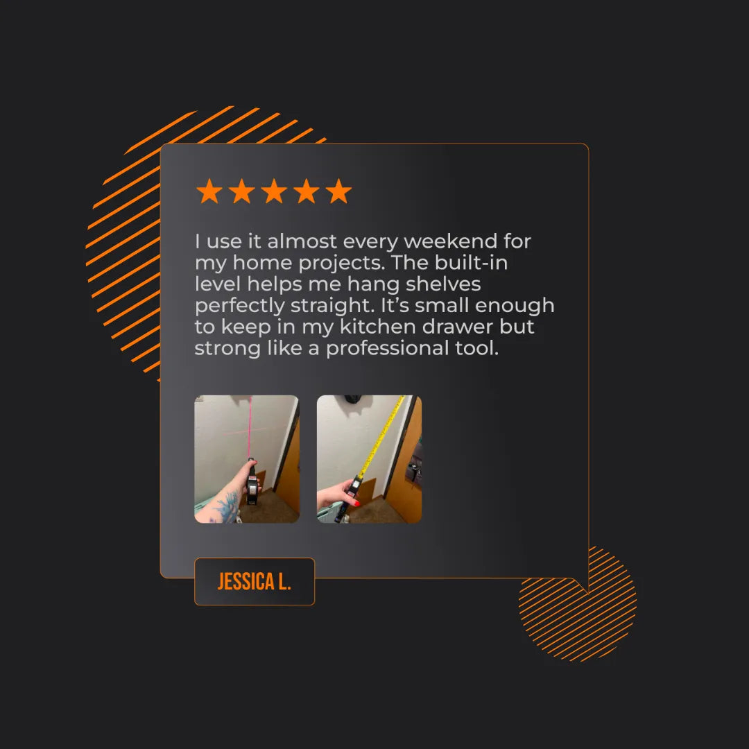 5-star review for The Almighty Leveler with user photos and testimonial text on dark background