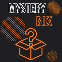 Mystery box graphic with orange question mark and outlined circles on black background