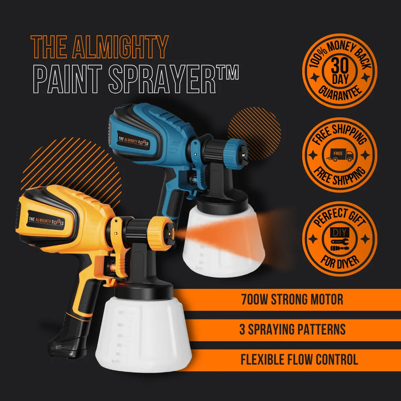 The Almighty Paint Sprayer in blue and yellow with specs and money back guarantee badges