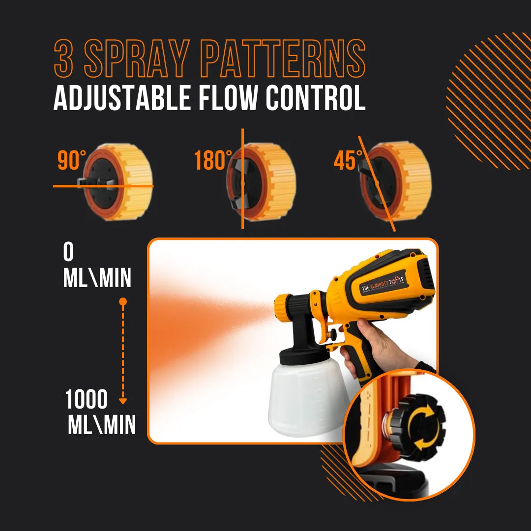 Paint sprayer with 3 spray patterns, adjustable flow control, orange and black design