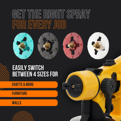 Paint sprayer with four nozzle sizes for crafts, furniture, and walls on black background.