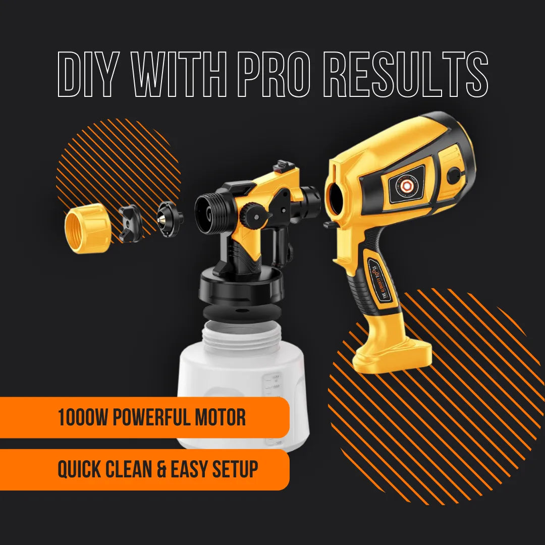 Yellow electric paint sprayer with 1000W motor, easy setup, DIY tool on black background.