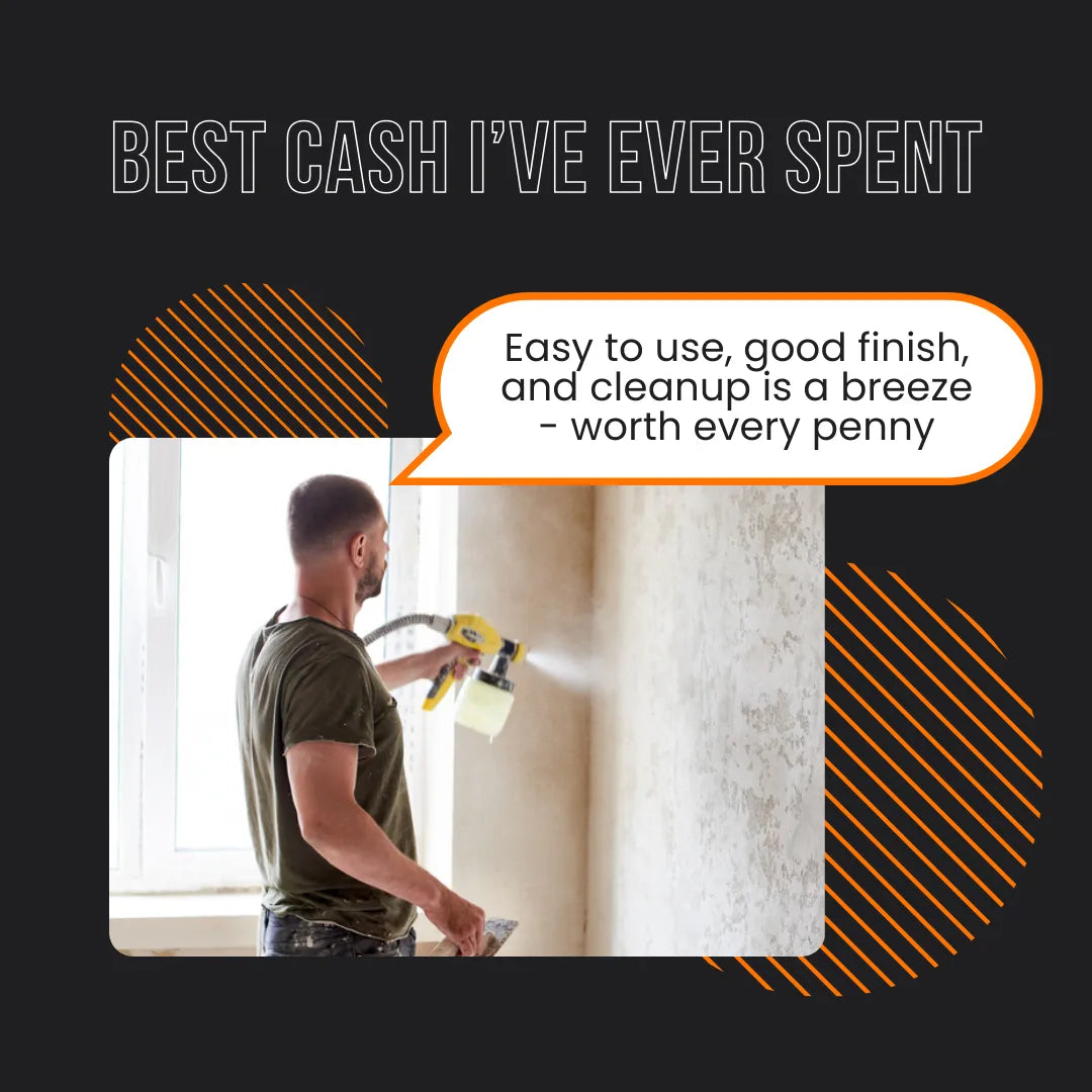 Man using electric paint sprayer on wall, testimonial highlights easy use and good finish