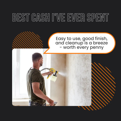 Man using electric paint sprayer on wall, testimonial highlights easy use and good finish