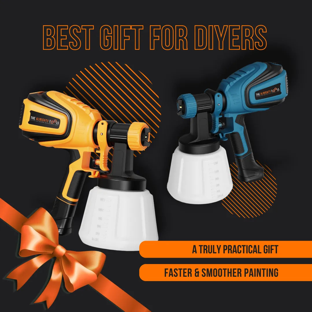 Electric paint sprayer tools in yellow and blue, best gift for DIYers, orange ribbon