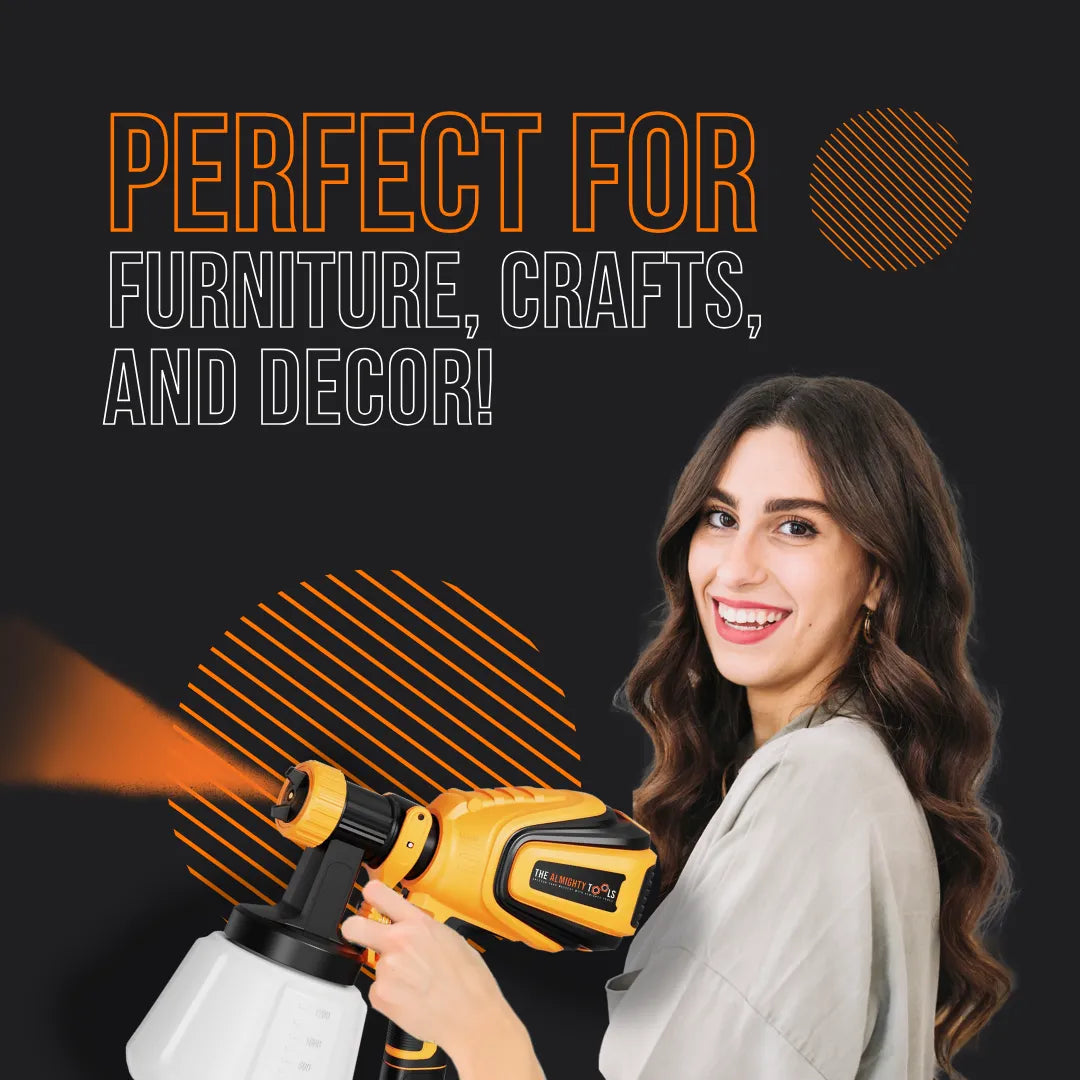 Smiling woman using yellow paint sprayer, text highlights use for furniture, crafts, decor.