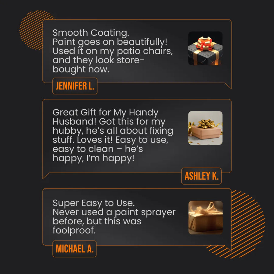 Customer reviews for paint sprayer with gift boxes, black background, orange accents.