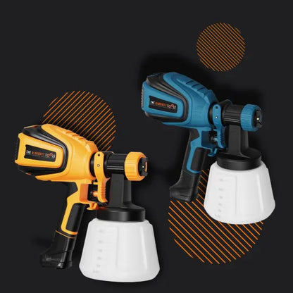 Yellow and blue electric paint sprayers with white canisters on a black background