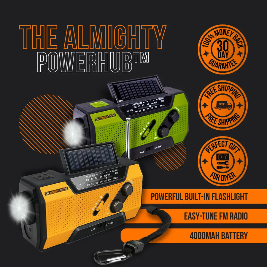 Solar powered portable radio PowerHub with flashlight, 4000mAh battery, in green and yellow.