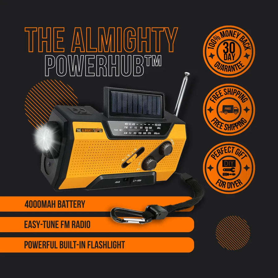 The Almighty PowerHub emergency radio with solar panel, flashlight, and FM tuner, on black background.