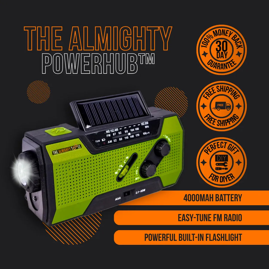 The Almighty PowerHub green emergency radio with solar panel, flashlight, and FM tuner, promo badges.