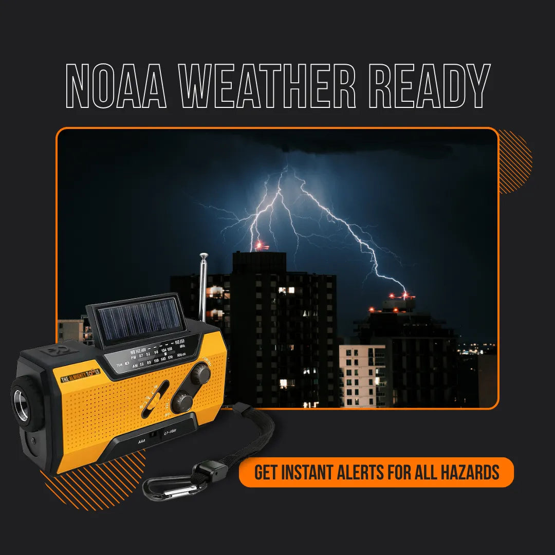 NOAA weather radio with solar panel in front of city skyline during lightning storm