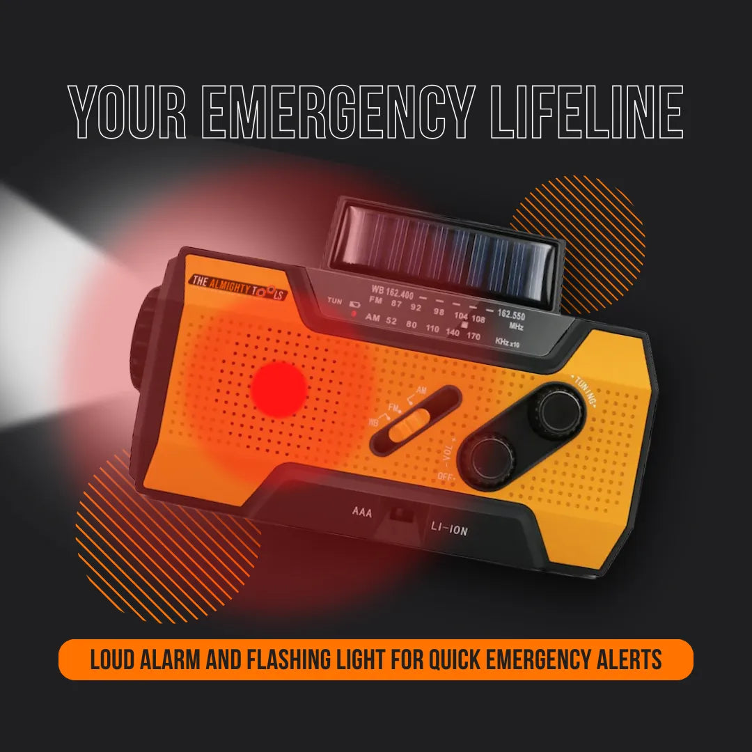 Emergency radio with flashlight, solar panel, and loud alarm for quick alerts
