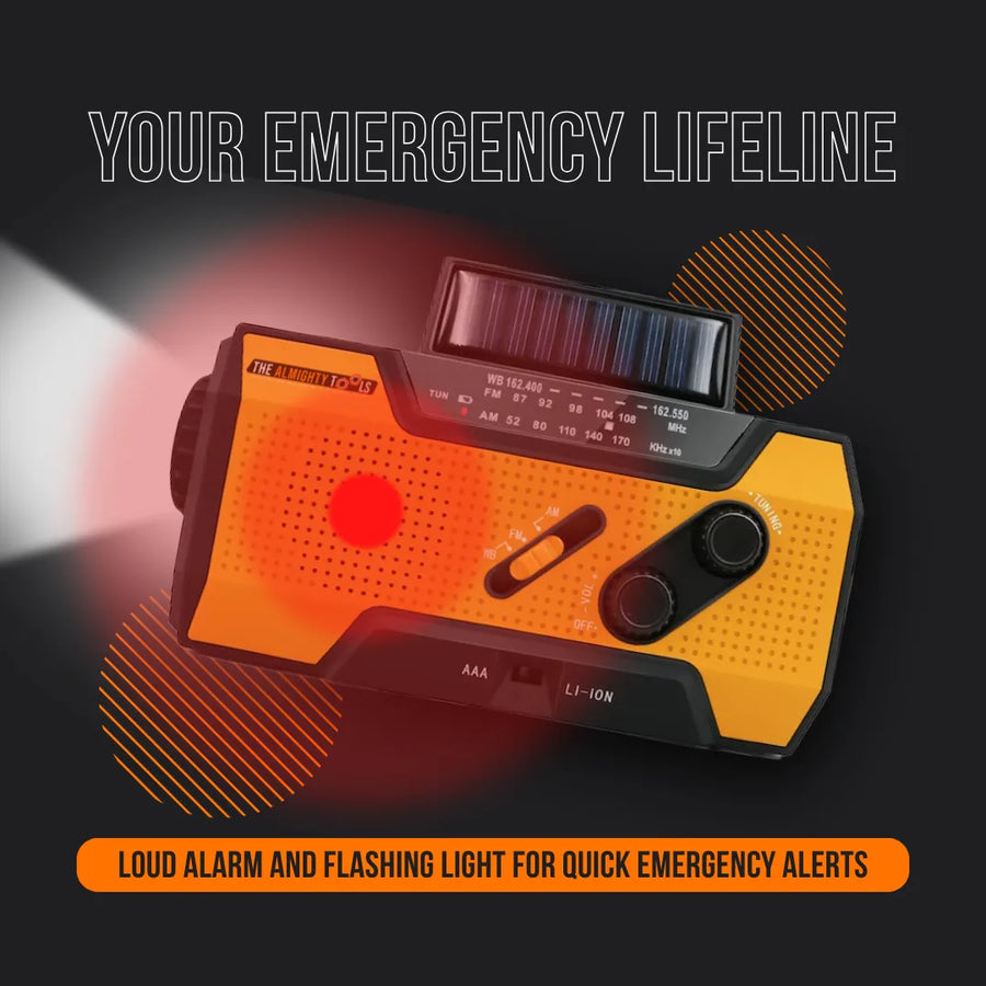 Emergency radio with flashlight, solar panel, and loud alarm for quick alerts