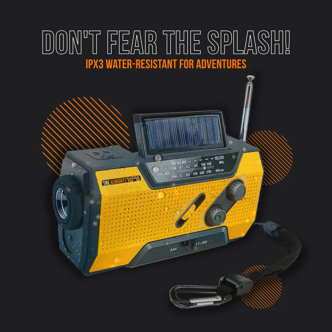 Yellow water-resistant portable solar radio with antenna and strap for outdoor adventures