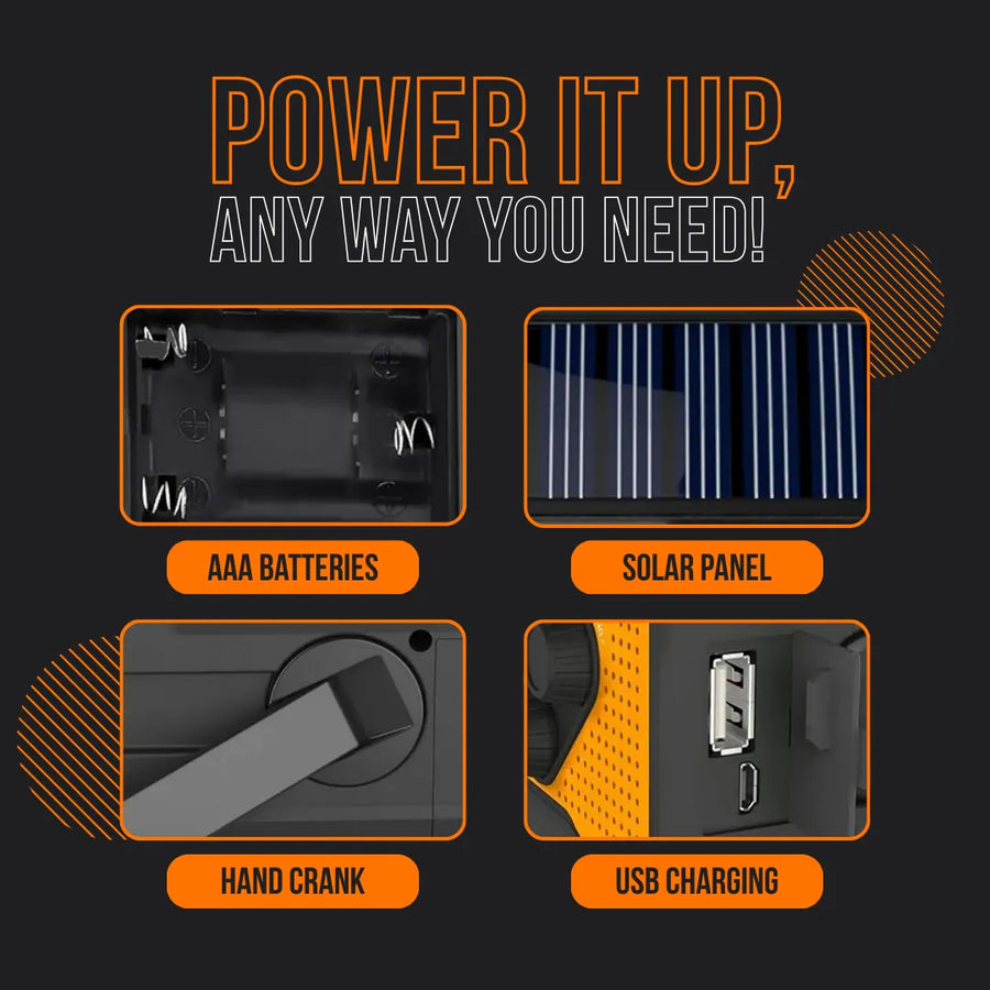 PowerHub device showing AAA battery slot, solar panel, hand crank, and USB charging options.