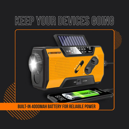 Yellow emergency power hub with solar panel charging a smartphone, LED flashlight on, black background