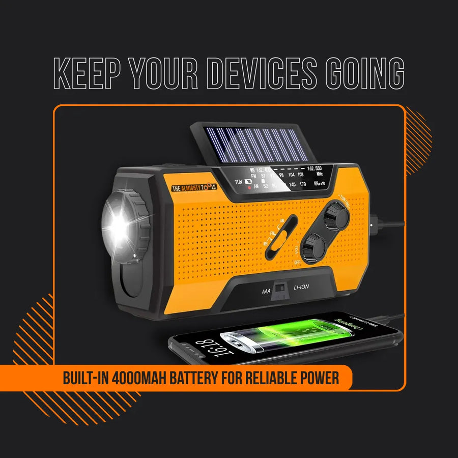 Yellow emergency power hub with solar panel charging a smartphone, LED flashlight on, black background