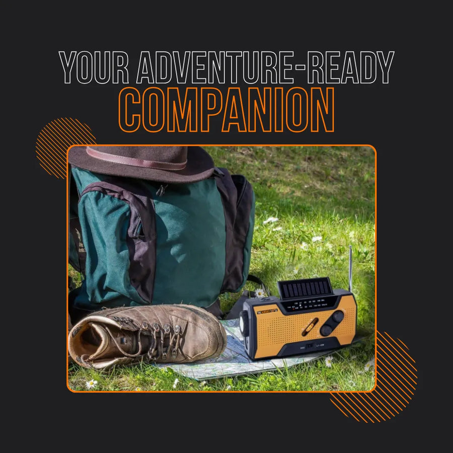Adventure gear with backpack, hiking boot, and yellow PowerHub radio on grass outdoors