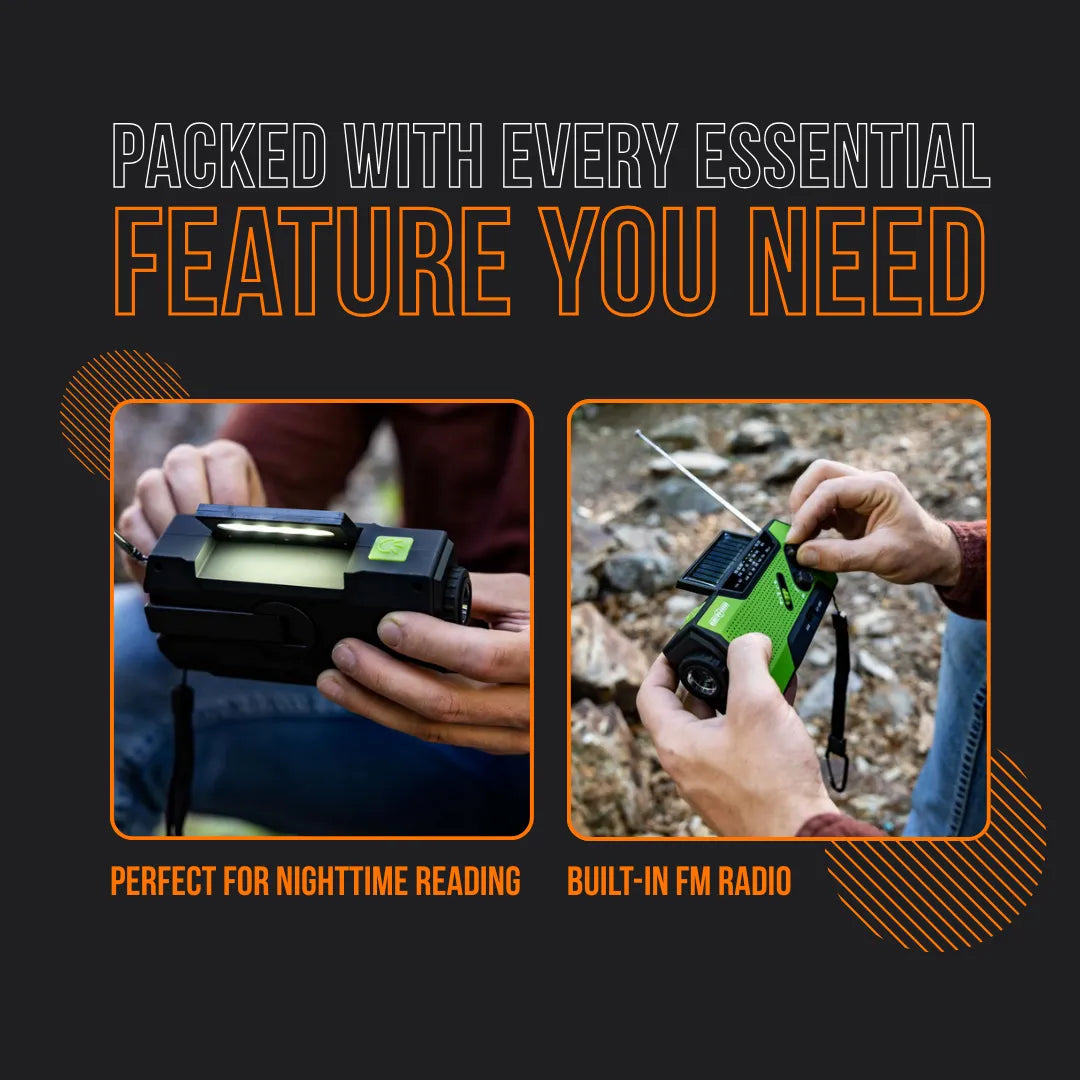 Portable power hub with LED light and FM radio, held outdoors for emergency use