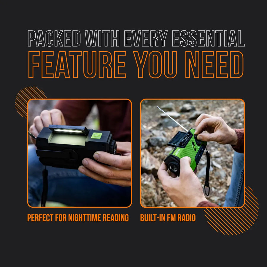 Portable power hub with LED light and FM radio, held outdoors for emergency use