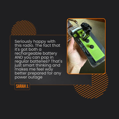 Hand holding green emergency PowerHub radio with rechargeable and battery options, review displayed.