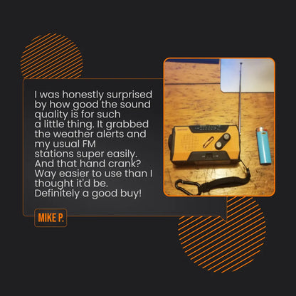 Yellow emergency weather radio with hand crank and antenna on wooden table, blue lighter beside it.