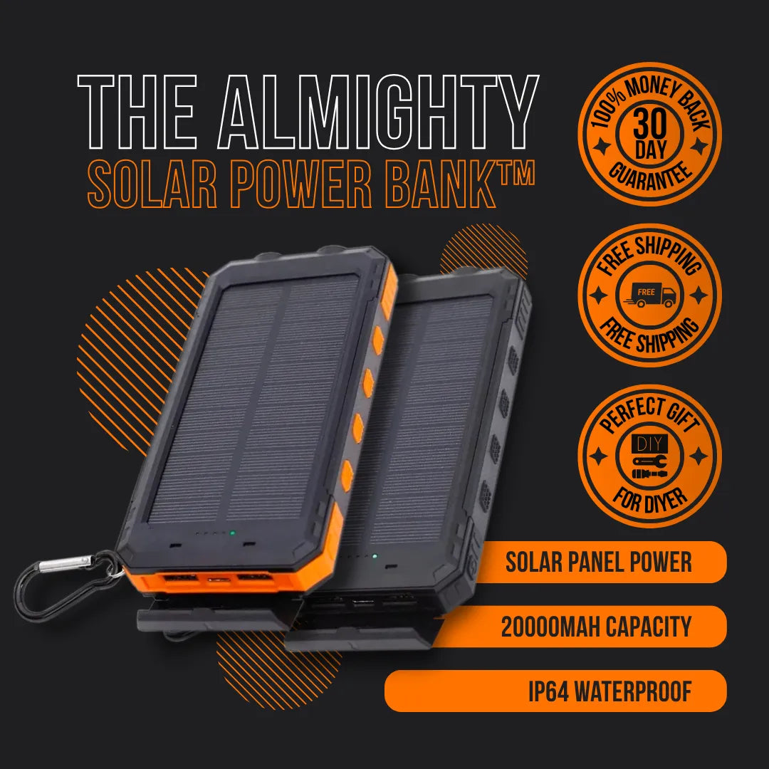 Almighty solar power bank with 20000mAh, waterproof, dual panels, and orange accents.