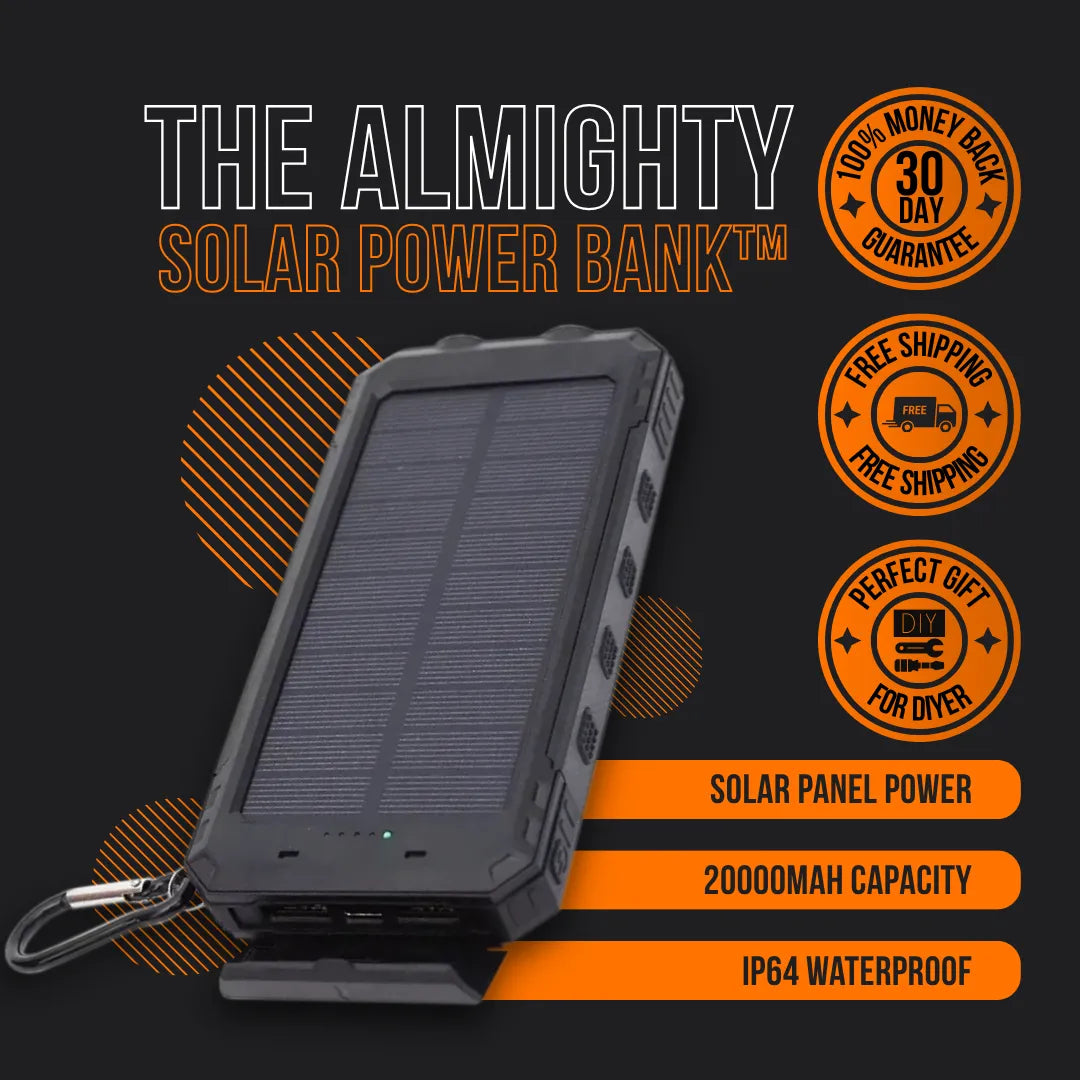 Almighty solar power bank with 20000mAh capacity and IP64 waterproof rating
