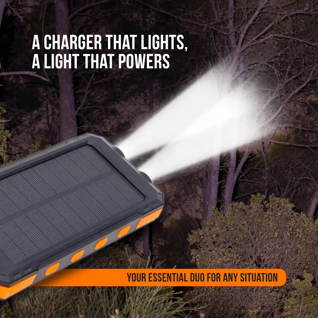 Solar power bank flashlight illuminating forest at night, portable charger for outdoors
