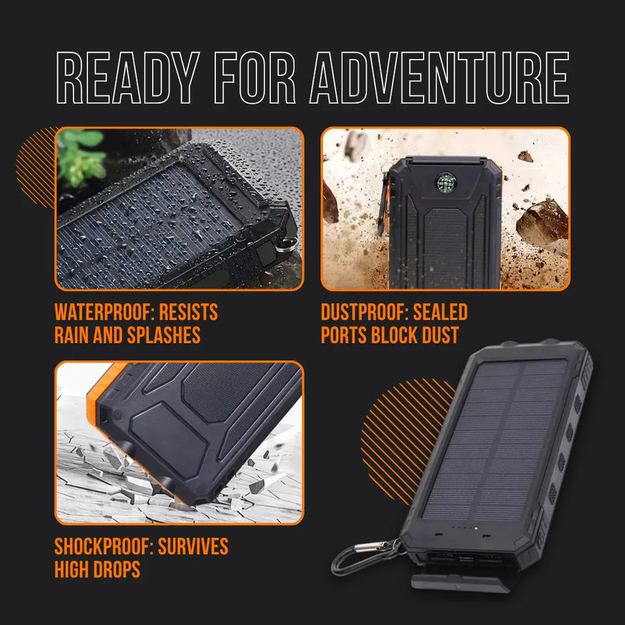 Rugged solar power bank waterproof dustproof shockproof for outdoor adventure