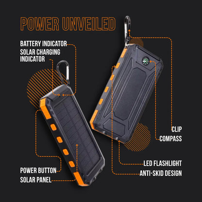 Rugged solar power bank with LED flashlight, clip, compass, battery indicator, and anti-skid design.