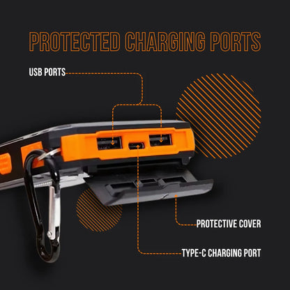 Rugged power bank with protected USB and Type-C charging ports, orange and black casing