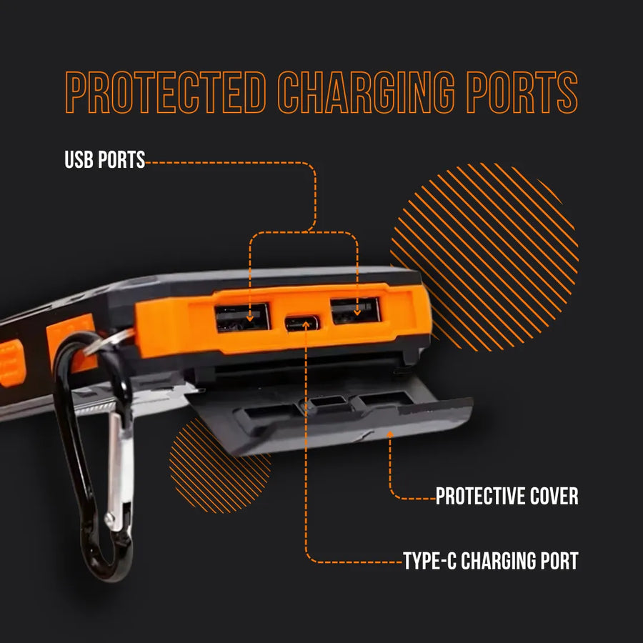 Rugged power bank with protected USB and Type-C charging ports, orange and black casing
