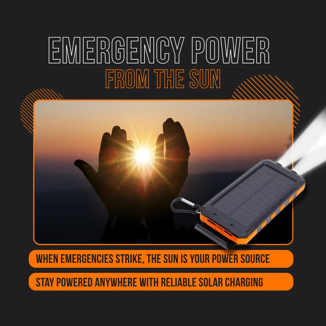 Solar power bank with flashlight and hands holding sunrise, emergency portable charger