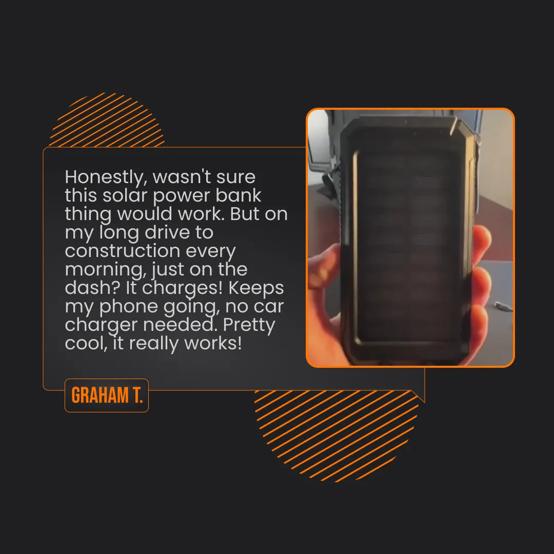 Hand holding rugged solar power bank with testimonial about charging phone during car rides.