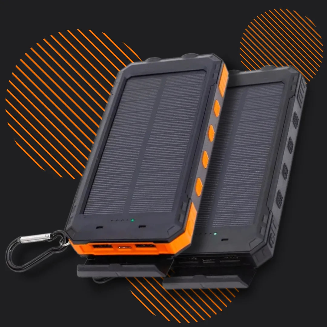 Dual rugged solar power banks with orange accents and USB ports on a dark graphic background