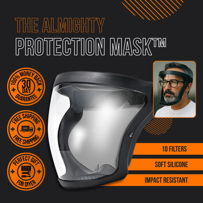 The Almighty Protection Mask with clear face shield, soft silicone, and DIY safety features