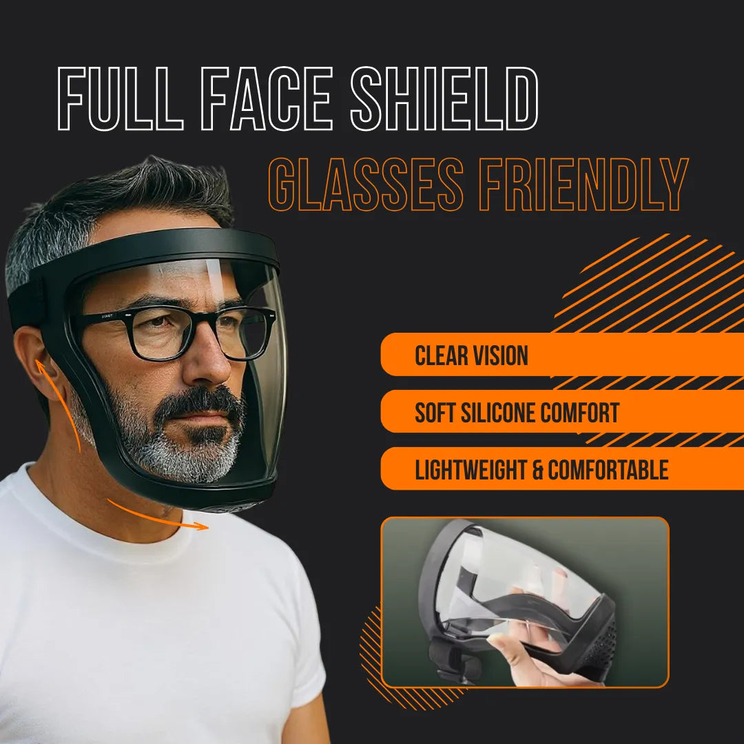 Full face shield mask with black trim, glasses-friendly, clear vision, lightweight silicone design.