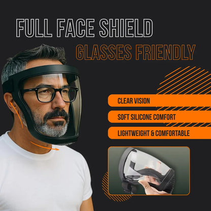 Full face shield mask with black trim, glasses-friendly, clear vision, lightweight silicone design.