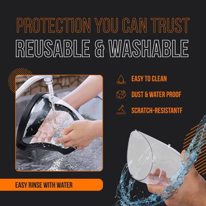 Reusable, washable protective face shield mask rinsed under water, easy to clean design.