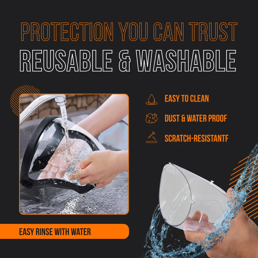 Reusable, washable protective face shield mask rinsed under water, easy to clean design.